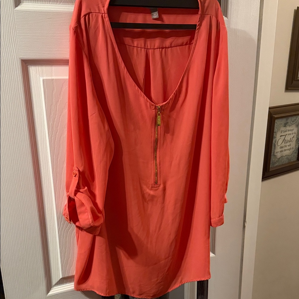 Roz & Ali Vibrant Coral Zipper Blouse